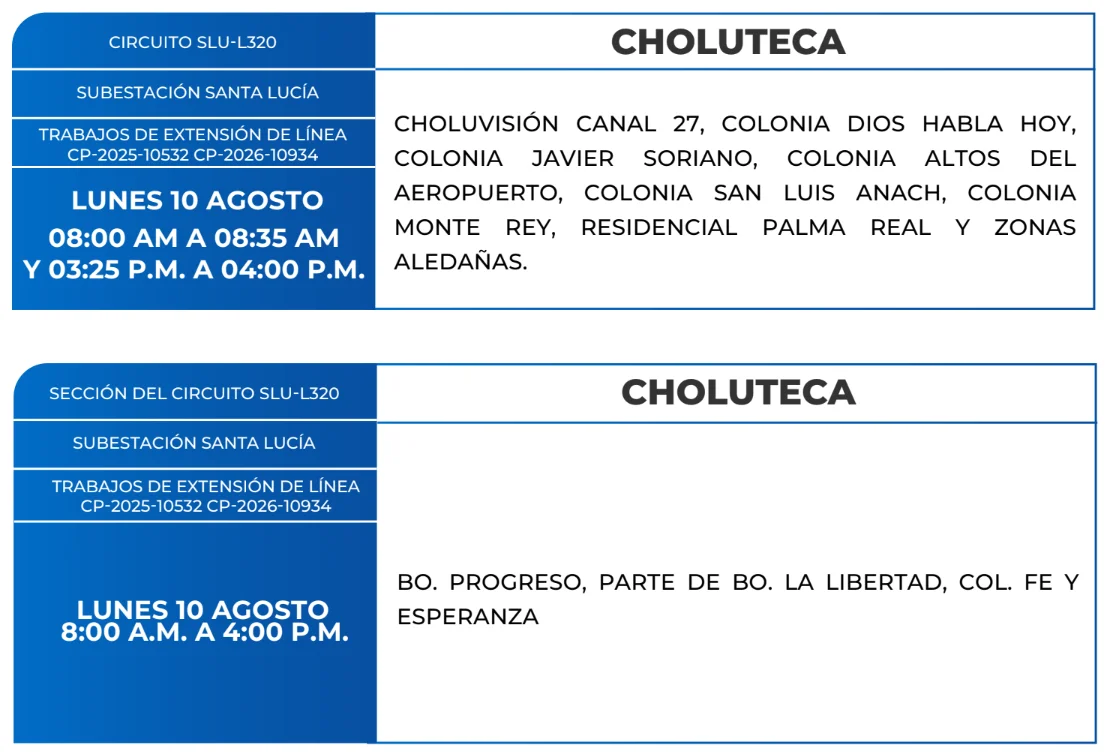 Foto de las zonas de Zonas de Choluteca que estarán sin energía este lunes 9 de agosto, según la ENEE.