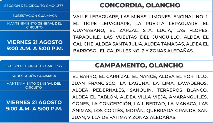Foto de Zonas de Concordia, Olancho y Campamento Olancho que estarán sin energía este viernes 21 de agosto, según la ENEE.