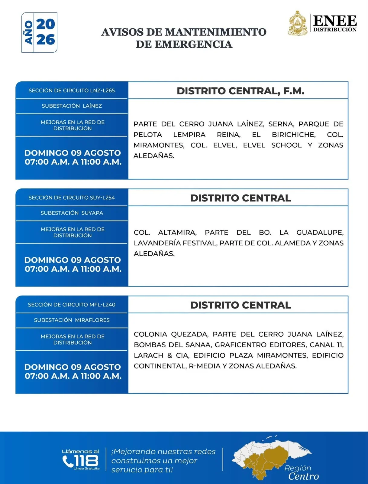 Foto de las Zonas de el Distrito Central que estarán sin energía este domingo 9 de agosto, según la ENEE.