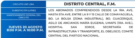 Foto de Zonas de el Distrito Central que estarán sin energía eléctrica este jueves 20 de agosto, según la ENEE.