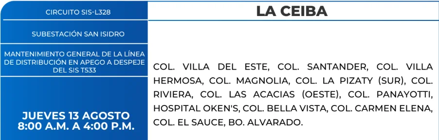 Foto de las Zonas de La Ceiba que estarán sin energía este jueves 13 de agosto, según la ENEE.