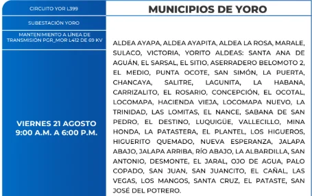Foto de las Zonas de Yoro que estarán sin energía este viernes 21 de agosto, según la ENEE.