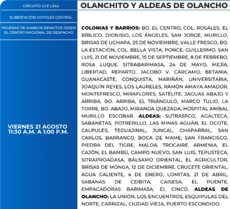 Foto de las Zonas de Olanchito y aldeas de Olancho que estarán sin energía este viernes 21 de agosto, según la ENEE.