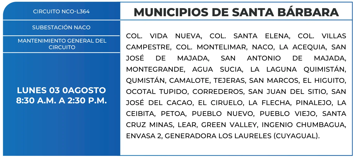 Foto de las Zonas de Santa Bárbara que estarán sin energía este lunes 3 de agosto, según la ENEE.