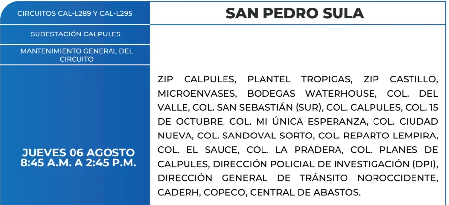 Foto de las Zonas de San Pedro Sula que estarán sin energía este jueves 6 de agosto, según la ENEE.