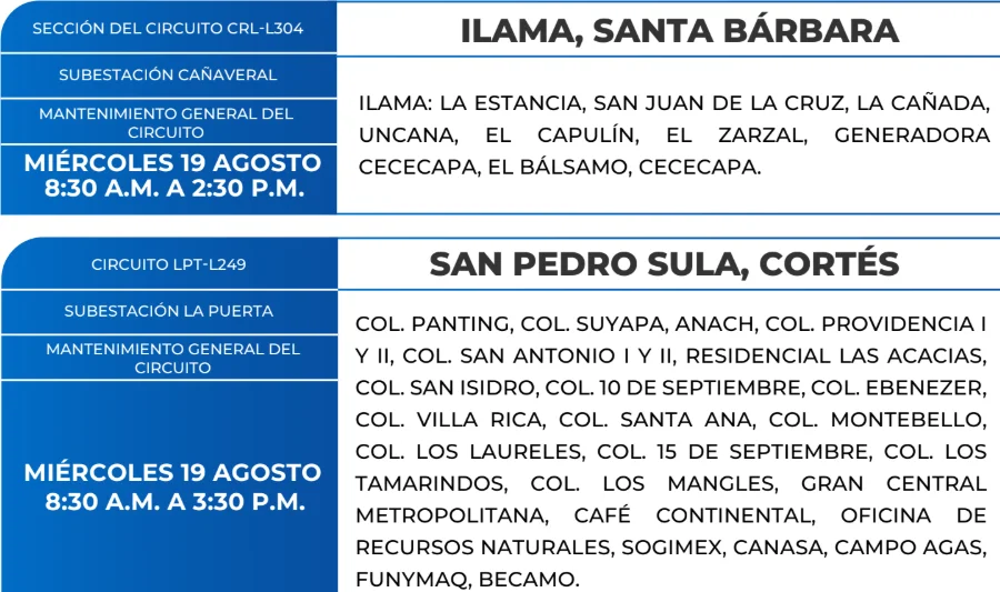 Foto de las Zonas de Ilama, Santa Bárbara y San Pedro Sula que estarán sin energía este miércoles 19 de agosto, según la ENEE.