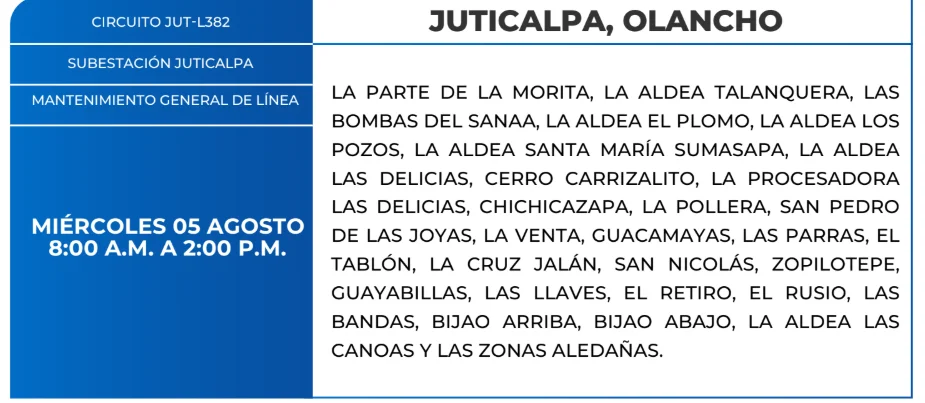 Foto de las Zonas sin energía en Juticalpa, Olnacho este miércoles 5 de agosto, según la ENEE.