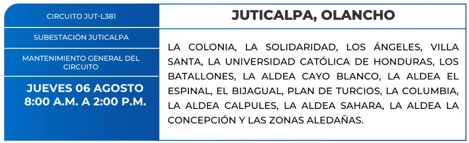 Zonas de Juticalpa, Olancho que estarán sin energía este jueves 6 de agosto, según la ENEE.