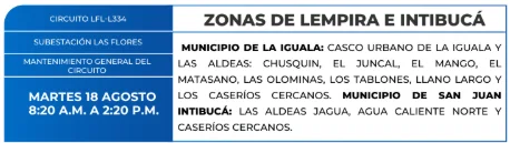 Foto de las Zonas de Lempira e Intibucá que estarán sin energía eléctrica este martes 18 de agosto, según la ENEE.