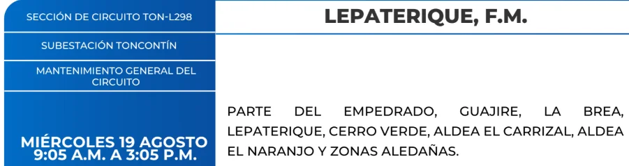 Foto de las Zonas de Lepaterique  que estarán sin energía este miércoles 19 de agosto, según la ENEE.