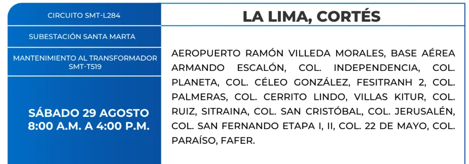 Foto de las Zonas de La Lima, Cortés que estarán sin energía este sábado 29 de agosto, según la ENEE.