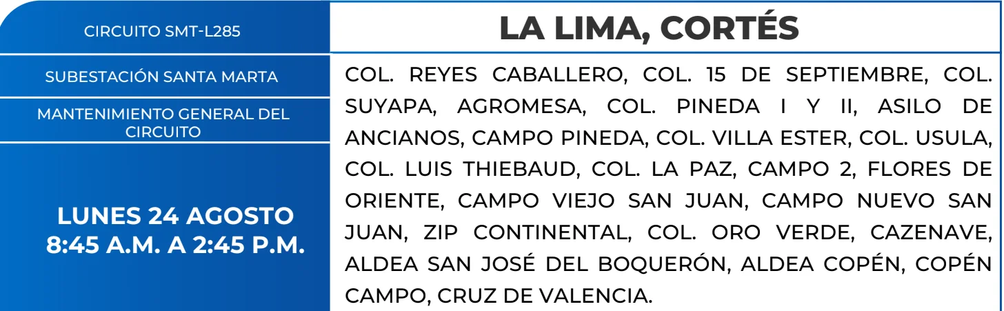Foto de las Zonas de La Lima, Cortés que estarán sin energía este lunes 24 de agosto, según la ENEE.