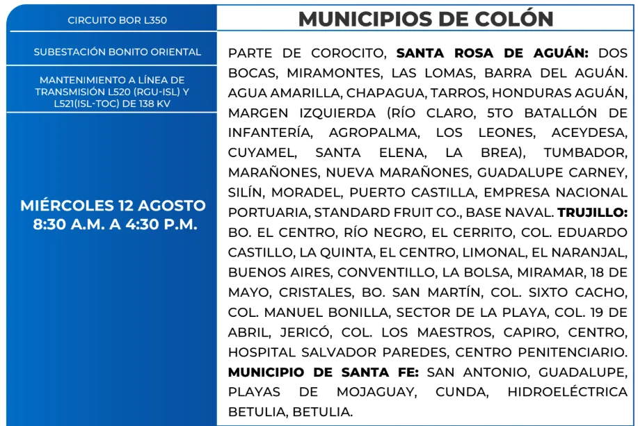 Foto de las Zonas que estarán sin energía eléctrica en municipios de Colón este miércolas 12 de agosto, según la ENEE.