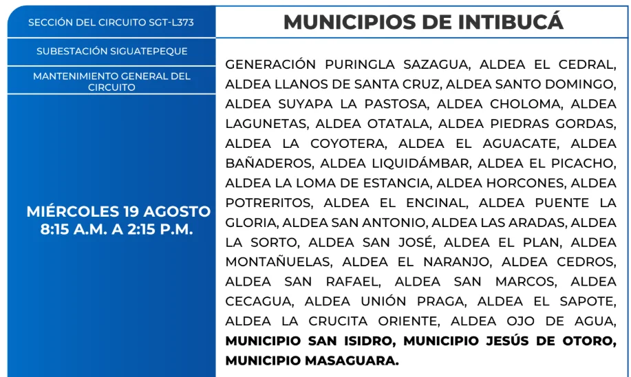Foto de las Zonas de Intibucá que estarán sin energía este miércoles 19 de agosto, según la ENEE.