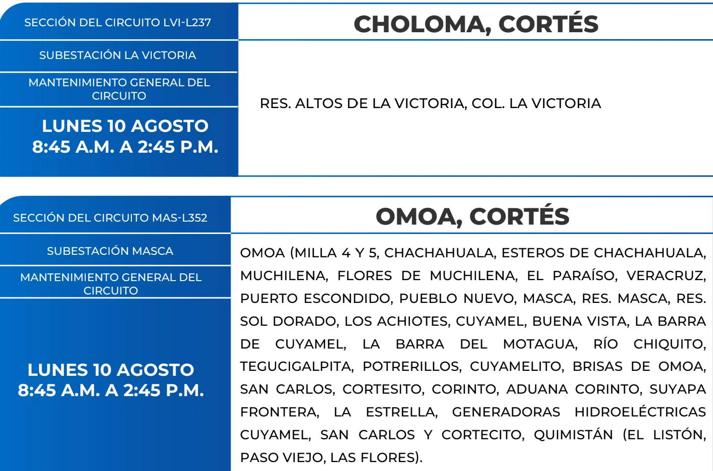 Foto de las Zonas de Omoa, Cortés que estarán sin energía este lunes 9 de agosto, según la ENEE.