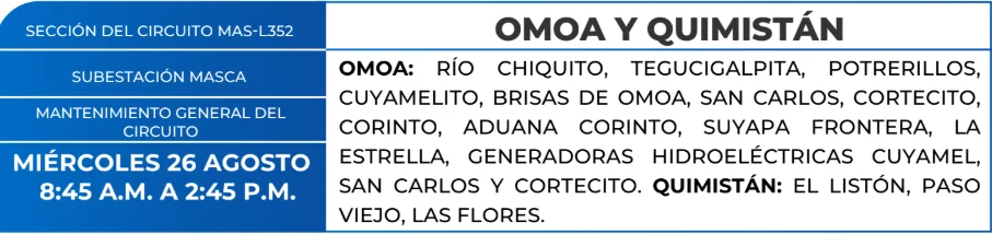 Foto de las Zonas de Omoa y Quimistán que estarán sin energía este miércoles 26 de agosto, según la ENEE.