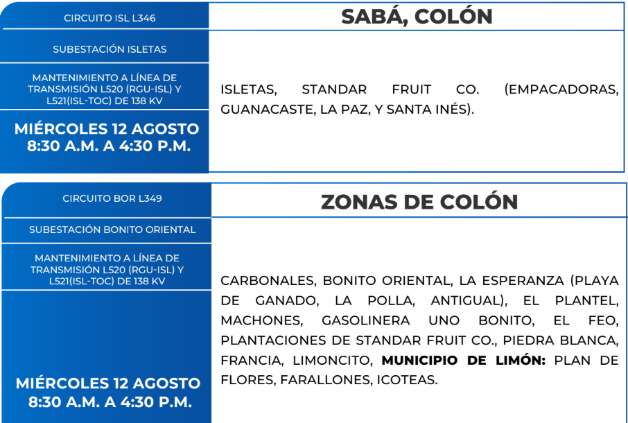 Foto de las Zonas que estarán sin energía eléctrica en sectores de Colón este miércolas 12 de agosto, según la ENEE.