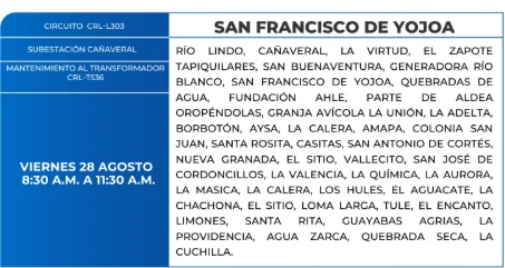 Foto de las Zonas de San Francisco de Yojoa que estarán sin energía este viernes 28 de agosto, según la ENEE.