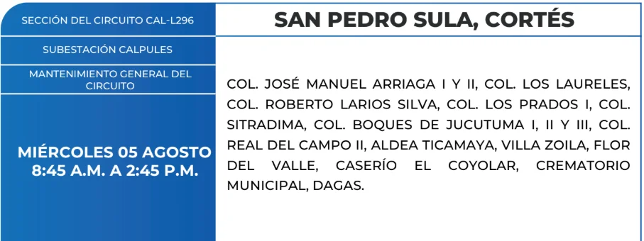Foto de las Zonas sin energía en San Pedro Sula, Cortés este miércoles 5 de agosto, según la ENEE.