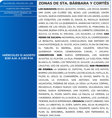Foto Zonas que estarán sin energía eléctrica en Santa Bárbara y Cortés este miércolas 12 de agosto, según la ENEE.