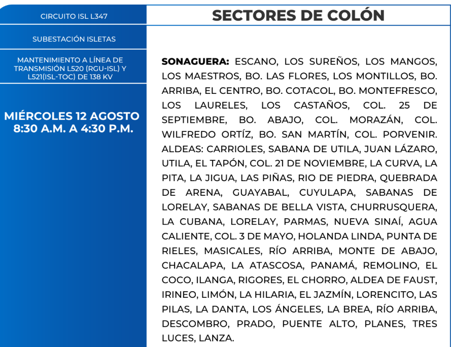 Foto de las Zonas que estarán sin energía eléctrica en sectores de Colón este miércolas 12 de agosto, según la ENEE.