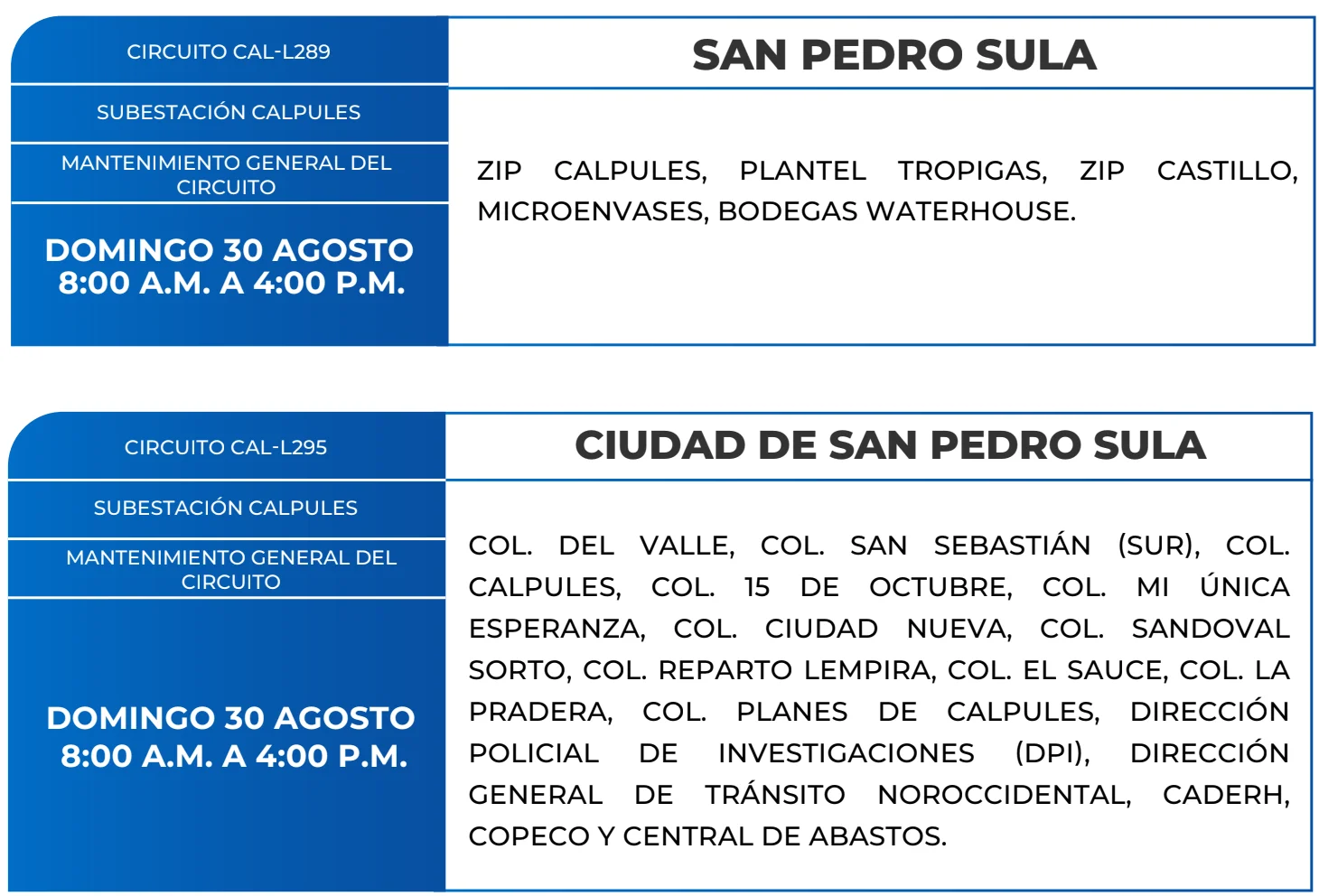 Foto de las zonas de SPS que estarán sin energía este 30 de agosto, segun la ENEE