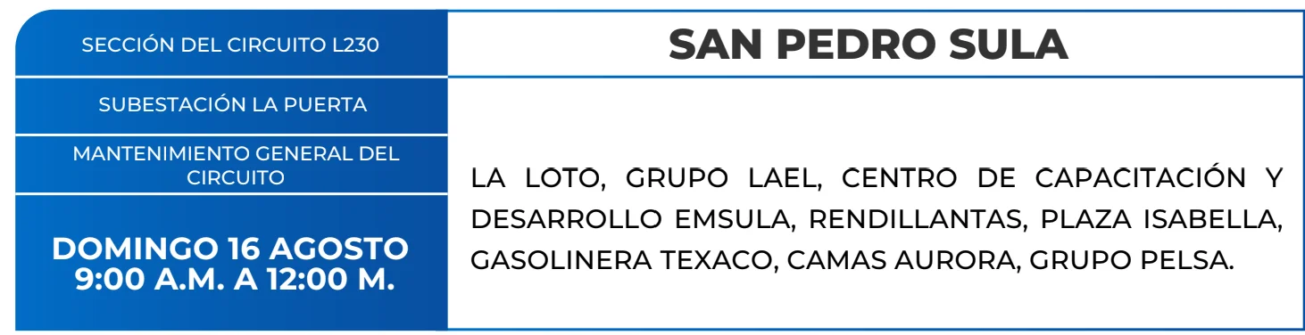 Zonas de San Pedro Sula que estarán sin energía este domingo 16 de agosto, según la ENEE.