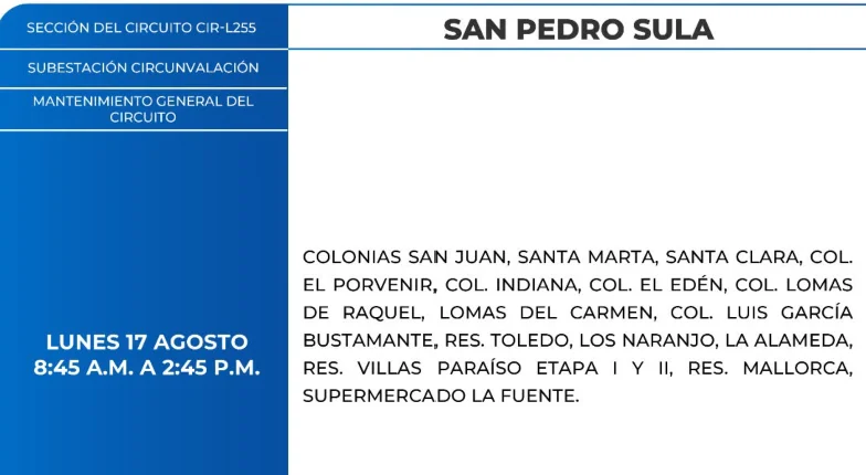 Foto de las zonas de San Pedro Sula que estarán sin energía este lunes 17 de agosto