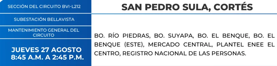 Foto de las Zonas de San Pedron Sula que estarán sin energía este jueves 27 de agosto, según la ENEE.