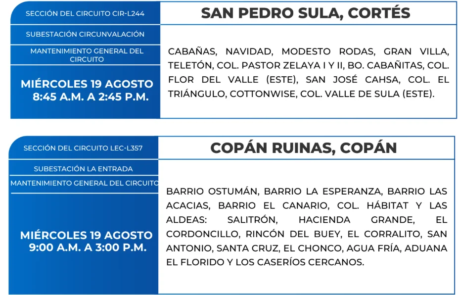 Foto de las Zonas de San Pedro Sula y Copán Ruinas que estarán sin energía este miércoles 19 de agosto, según la ENEE.