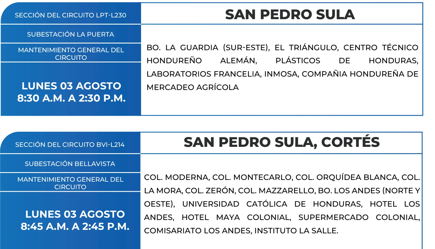 Foto de las Zonas de San Pedro Sula que estarán sin energía este lunes 3 de agosto, según la ENEE.