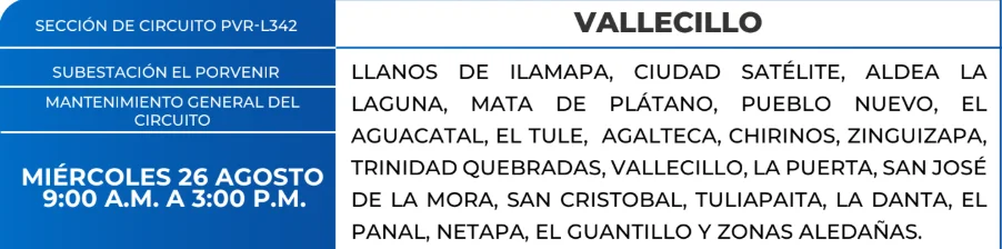 Foto de las Zonas de Vallecillo que estarán sin energía este miércoles 26 de agosto, según la ENEE.
