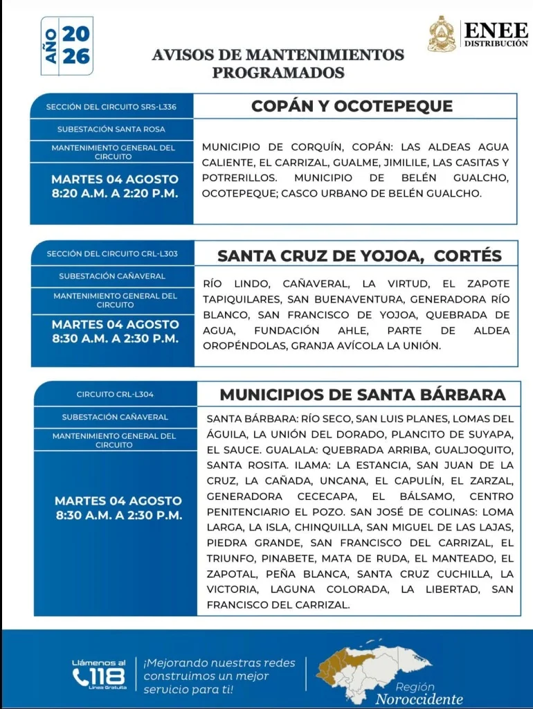 Cortes de energía en Copán, Ocotepeque, Santa Cruz de Yojoa, Cortés y Santa Bárbara para este martes 4 de agosto de 2026.
