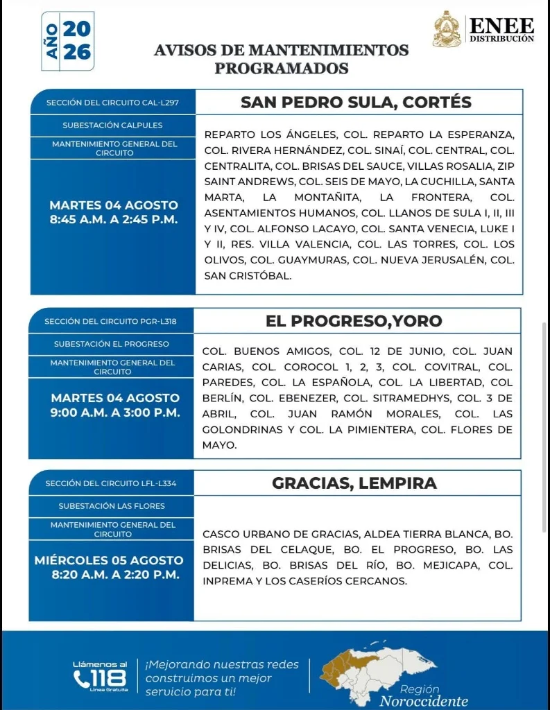 Cortes de energía en San Pedro Sula, Cortés; El Progreso, Yoro, y Gracias, Lempira, este martes 4 de agosto de 2026.