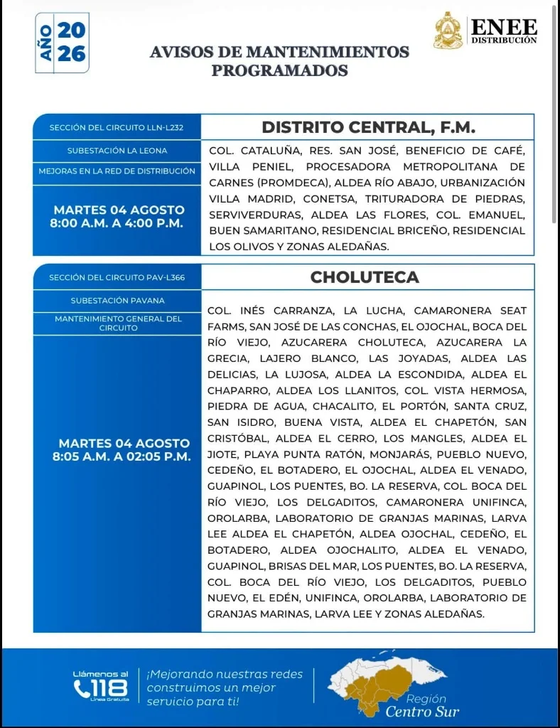 Cortes de energía en Distrito Central y Choluteca este martes de 4 de agosto de 2026.