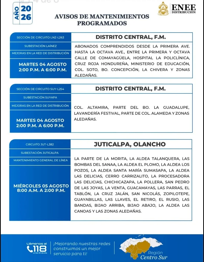 Cortes de energía para este martes 4 de agosto en Distrito Central.