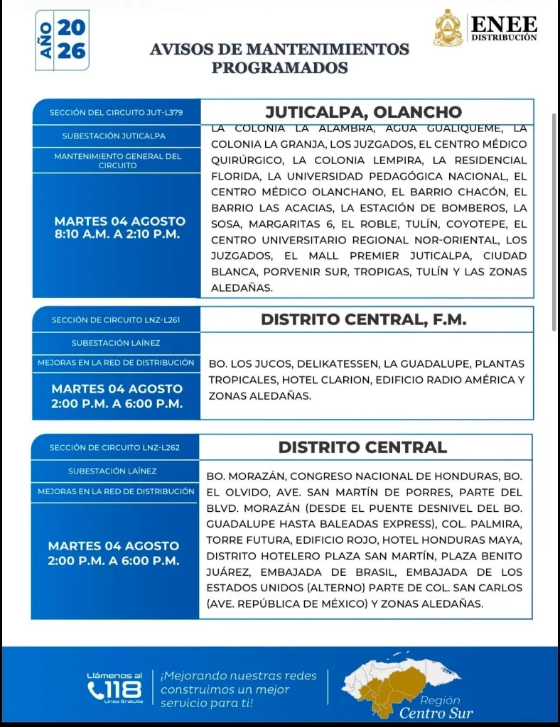 Cortes de energía en Juticalpa, Olancho y Distrito Central este martes 4 de agosto de 2026.