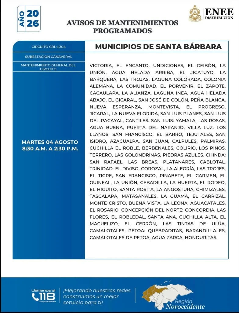 Cortes de energía en municipios de Santa Bárbara este martes de 4 de agosto de 2026.
