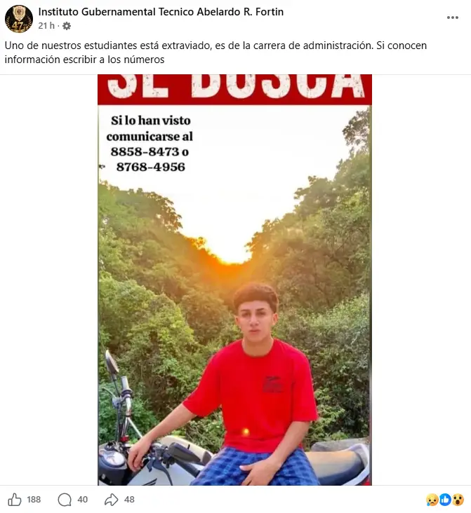 Foto de se busca del alumno víctima de un crimen en Tegucigalpa
