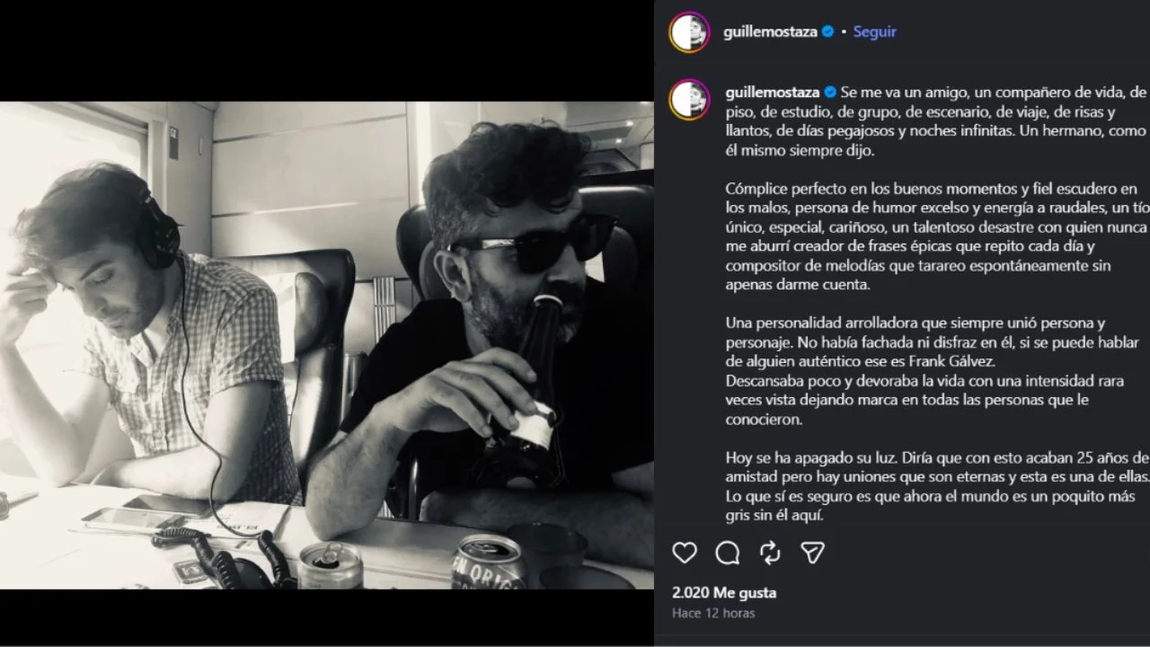 Publicación de Guille Mostaza sobre la muerte de Frank Gálvez.