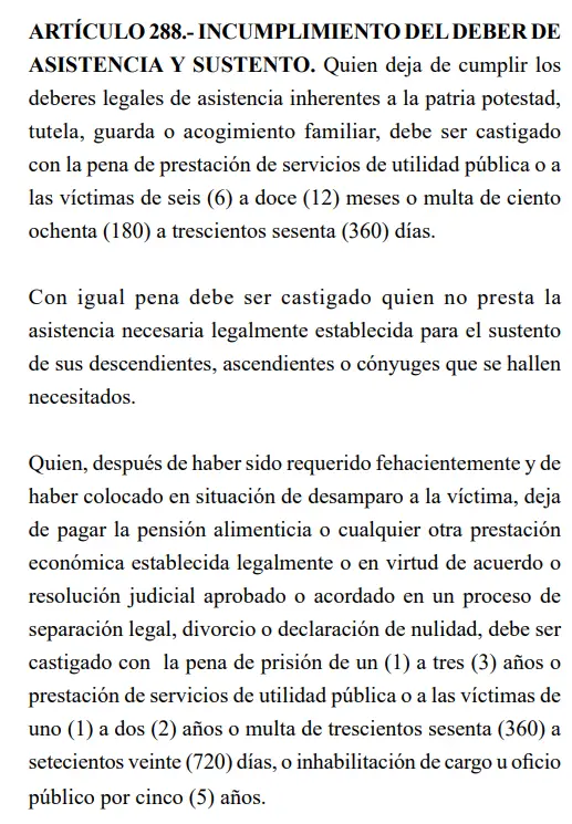 Código Penal sobre el delito de incumplimiento del deber de asistencia y sustento