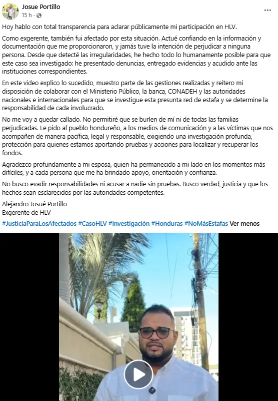 mensaje de Josué Portillo, exgerente de HLV