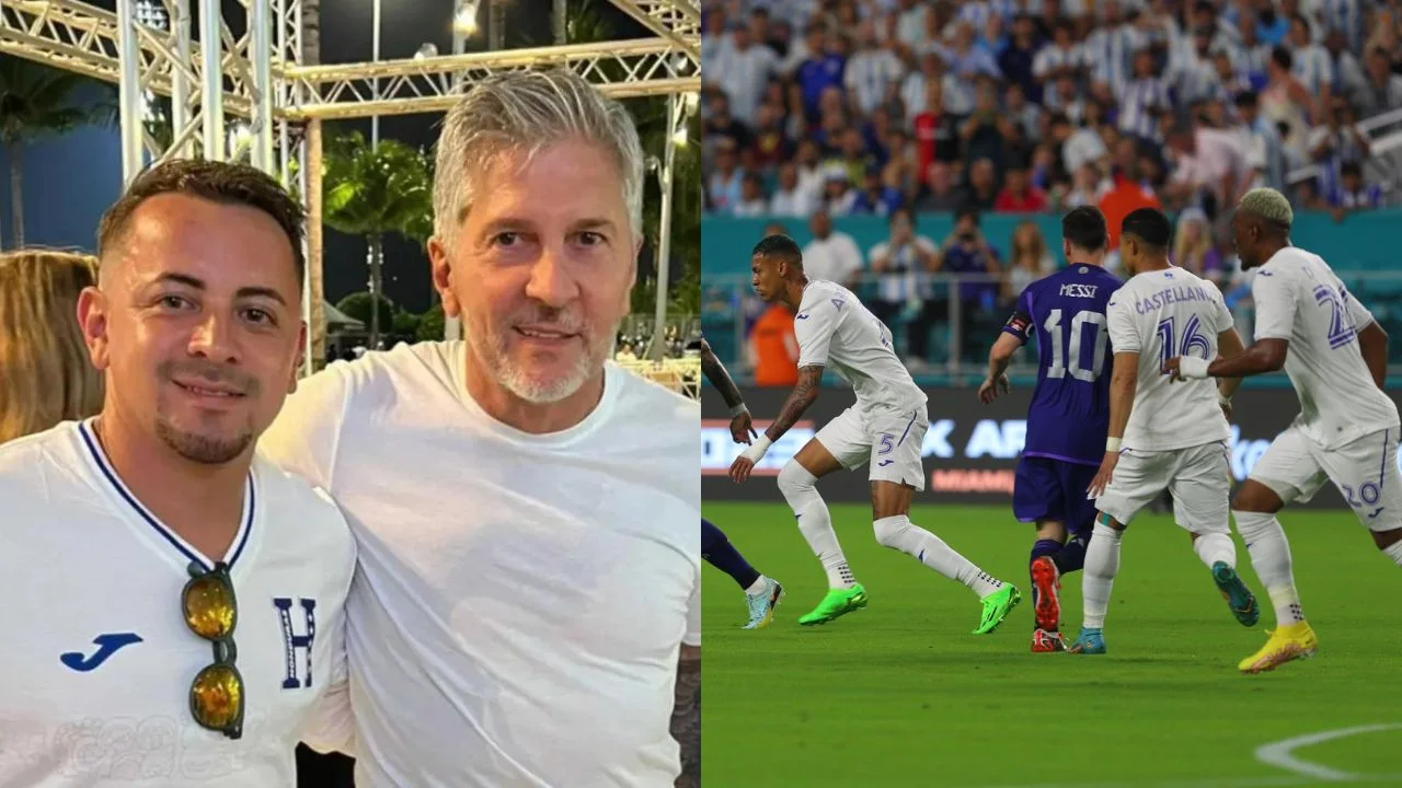 Hondureño Bayron Gómez y Jorge Messi tras ver el partido amistoso entre Honduras y Argentina en 2022.