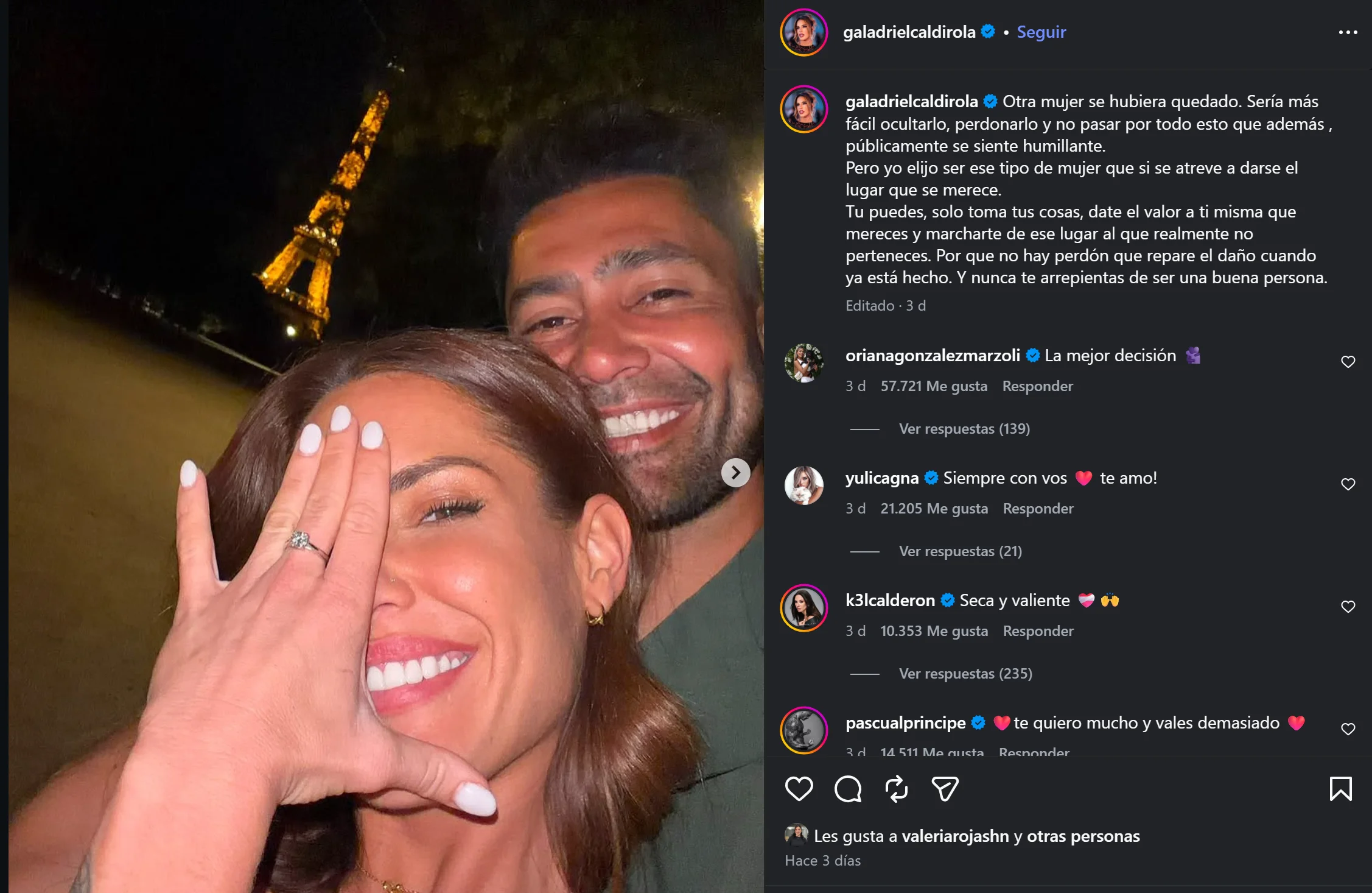 Foto de Gala Caldirola en donde menciona su separación