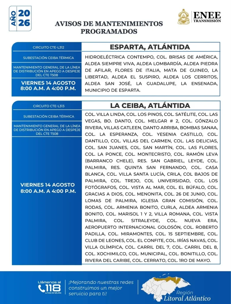 Cortes de energía en Esparta y La Ceiba este viernes 14 de agosto de 2026.