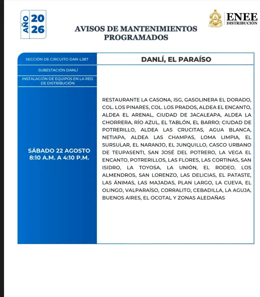Cortes de energía el sábado 22 de agosto de 2026 en Danlí, El Paraíso.