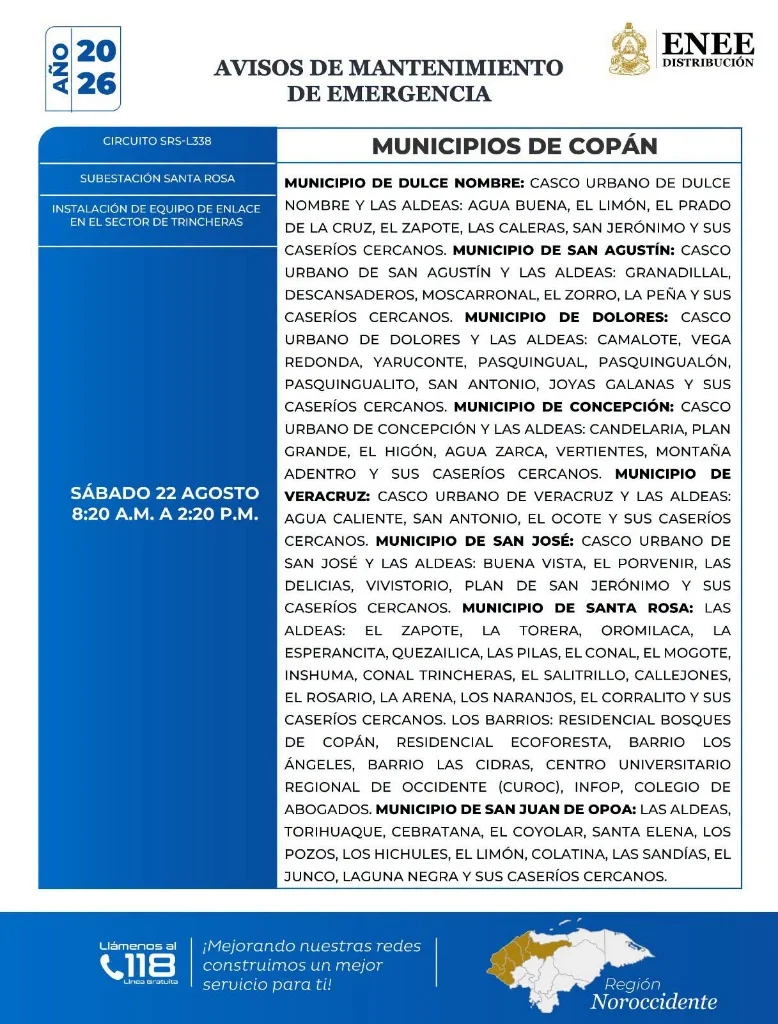 Cortes de energía en Copán el sábado 22 de agosto de 2026.