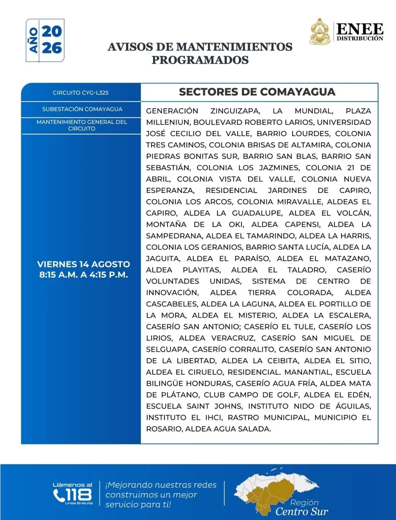 Cortes de energía en sectores de Comayagua.