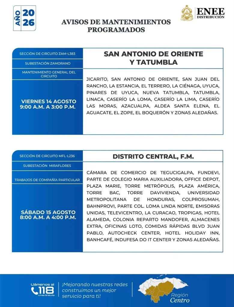 Cortes de energía en San Antonio de Oriente y Tatumbla este viernes 14 de agosto.
