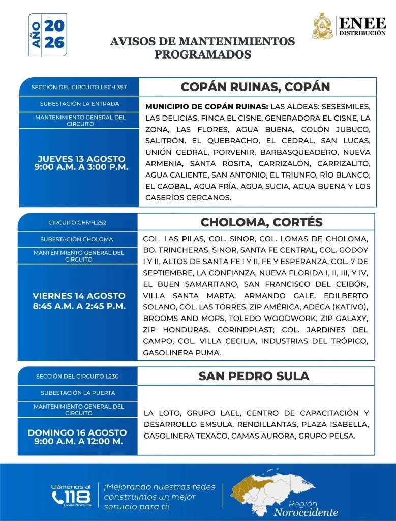 Cortes de energía en Choloma este viernes 14 de agosto de 2026